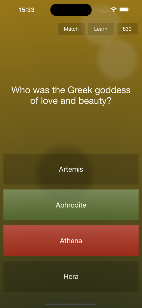 Endless Quiz - A multiple choice Greek mythology question on the Endless Quiz mobile app interface.