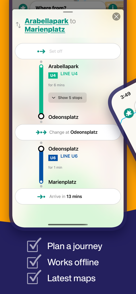 Planificador de rutas de la aplicación Munich Metro mostrando direcciones de Arabellapark a Marienplatz.