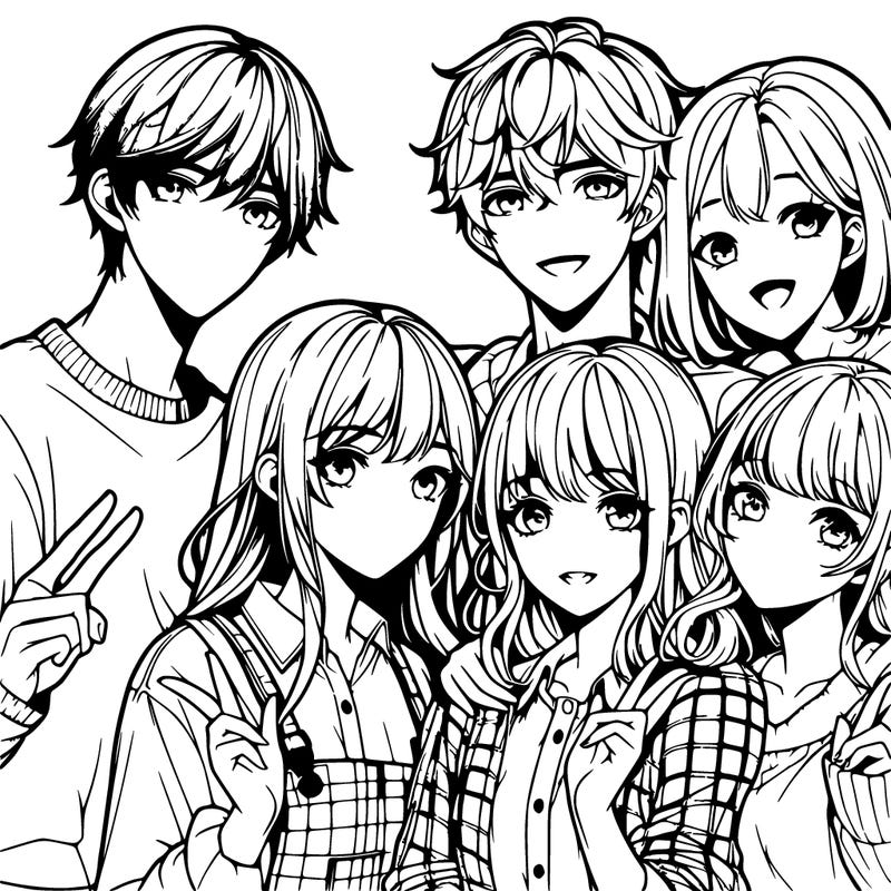 4 realistic anime girls with 2 realistic anime boys posing together for a picture