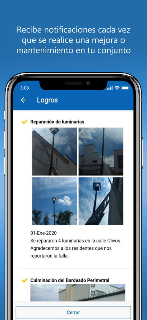 Residentia - Una schermata mobile dall'app Residentia che mostra gli aggiornamenti di manutenzione con foto di riparazioni di lampioni in una comunità residenziale.