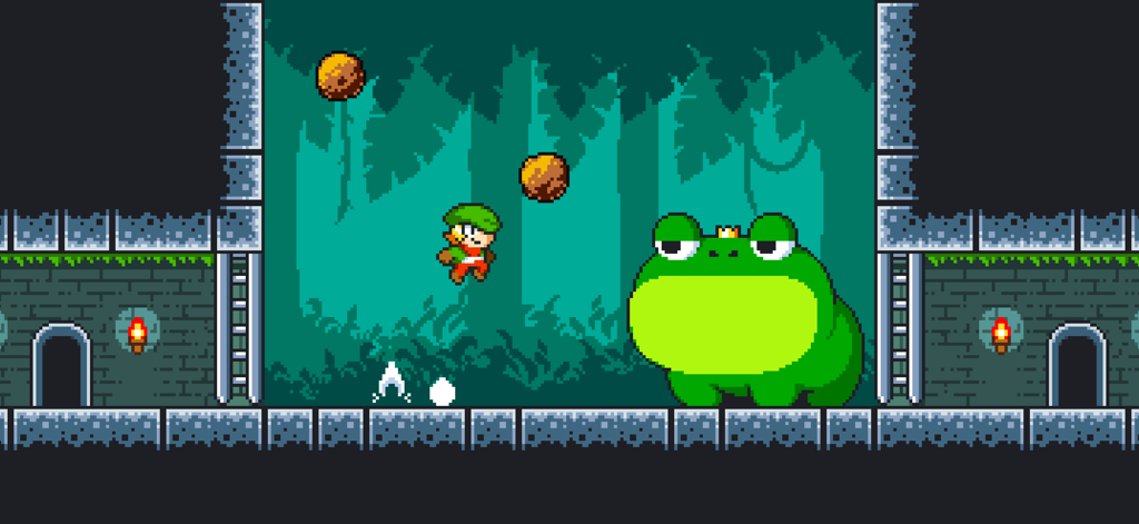Tiny Dangerous Dungeons Remake - Timmy jumping during a boss fight against a giant green frog in a retro pixel art dungeon