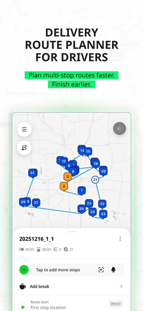 Geo2 Delivery Route Planner - Geo2 app interface showing a multi-stop delivery route optimized on a map for drivers