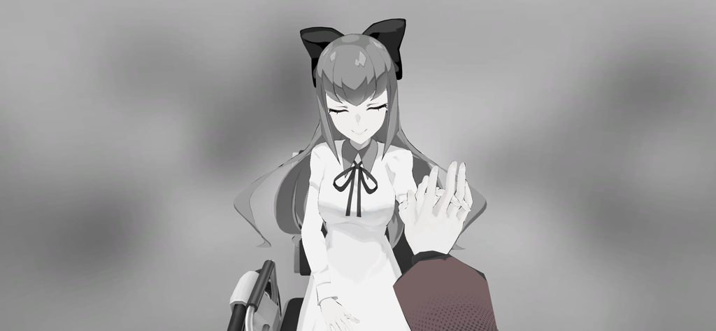 ALTDEUS: Beyond Chronos - A grayscale first-person perspective shot of the player character holding hands with an anime girl in ALTDEUS Beyond Chronos