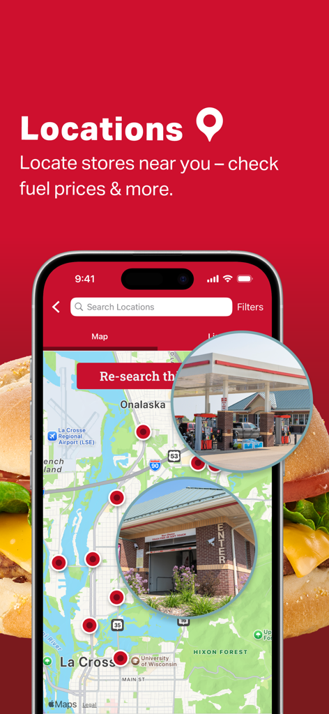 Schermata dell'app mobile Kwik Rewards che mostra una mappa delle posizioni dei negozi in Wisconsin con informazioni sui prezzi del carburante
