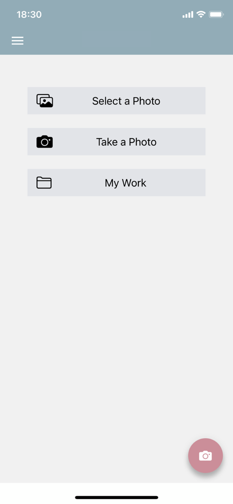 Blur Photo Editor: blur effect - Startbildschirm der Blur Photo Editor App mit Schaltflächen zum Auswählen eines Fotos, Aufnehmen eines Fotos oder Anzeigen gespeicherter Arbeiten