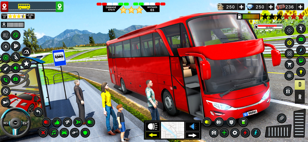 A red bus at a stop picking up passengers in Real Bus Simulator Ultimate game.