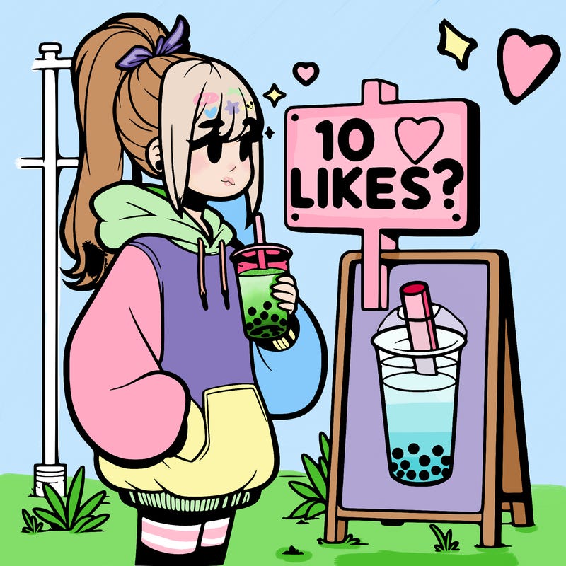 girl with oversized hoodie drinking boba and she has a high ponytail with a sign that says 10likes?