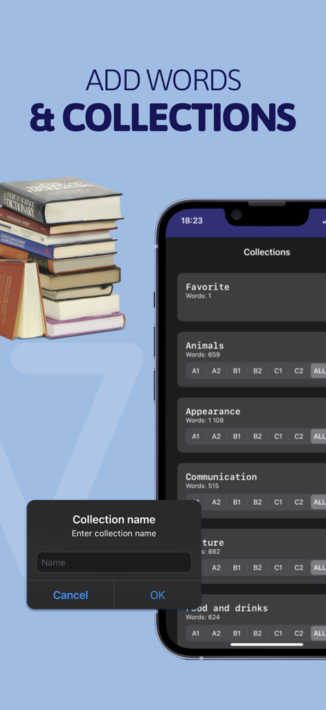 Learn English - Vocabulary - Interface of the Learn English app showing different vocabulary collections and a create new collection popup.