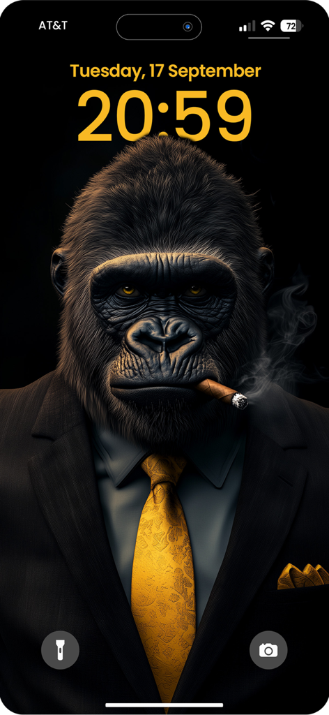 AI generated 4K wallpaper of a gorilla in a black suit and yellow tie smoking a cigar on an iPhone lock screen