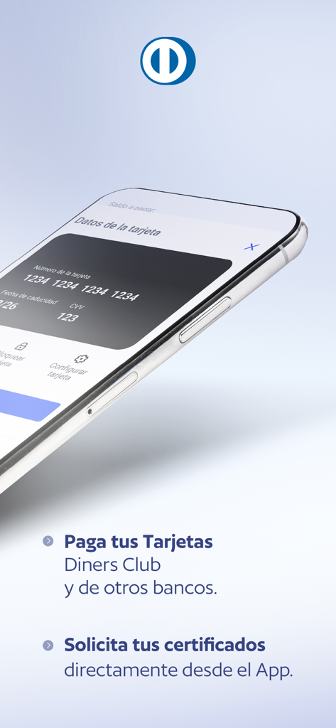 Pantalla de teléfono móvil que muestra la aplicación blu Empresas de Diners Club para banca de negocios y gestión de tarjetas.