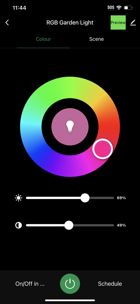 Holman Home - Interfaccia dell'app Holman Home per controllare le luci da giardino RGB con una grande ruota dei colori e cursori di luminosità