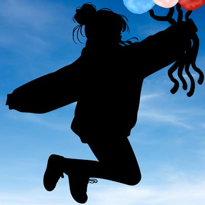 realistic girl jumping with a bun and oversized sweatshirt