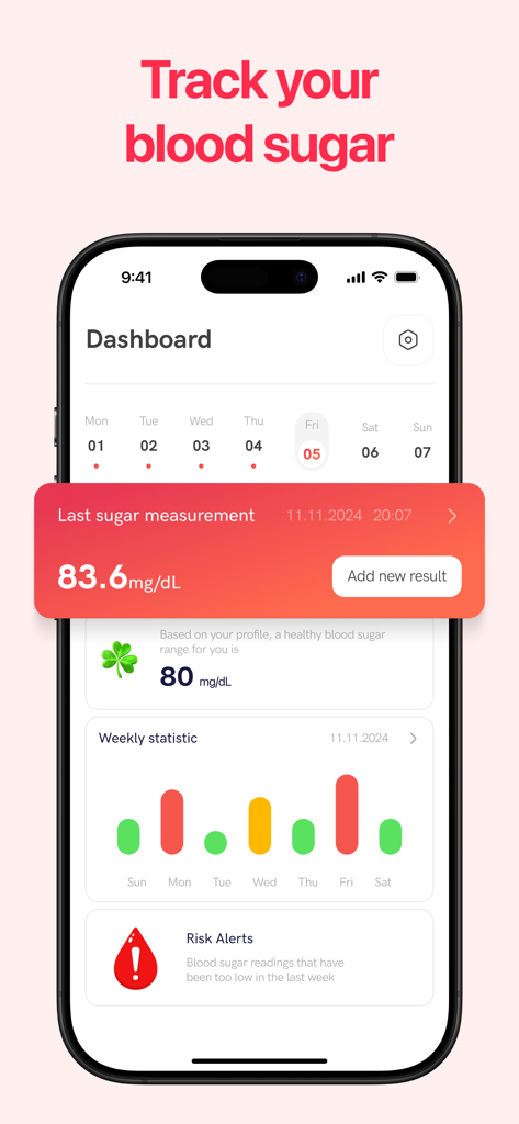 Una captura de pantalla de la aplicación Sugar - Rastreador de Glucosa que muestra un panel de salud con niveles de glucosa y un gráfico de barras de estadísticas semanales