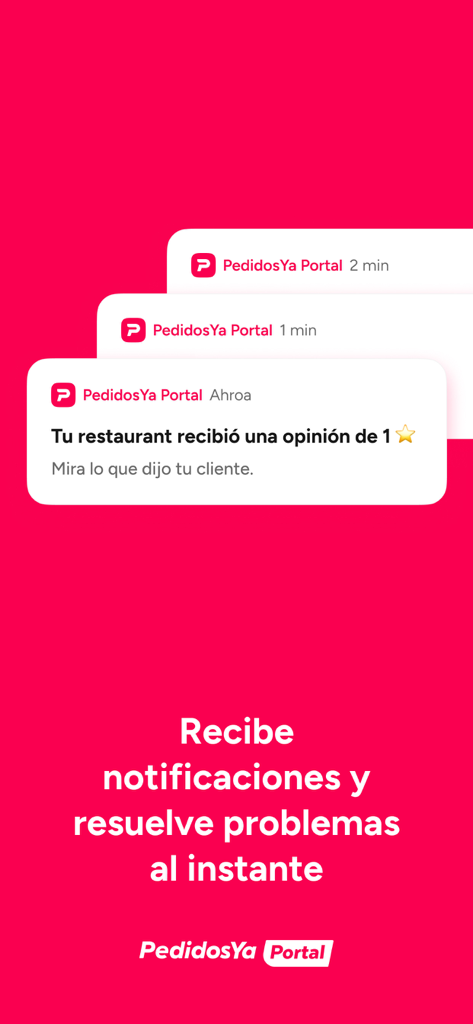 PedidosYa Portal - Pantalla de la aplicación móvil que muestra notificaciones en tiempo real para reseñas de restaurantes y resolución de problemas en PedidosYa Portal.