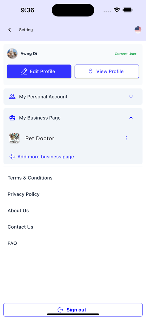 Visit 77 : Travel Platform - Settings screen of the Visit 77 travel app showing user profile management and business page options
