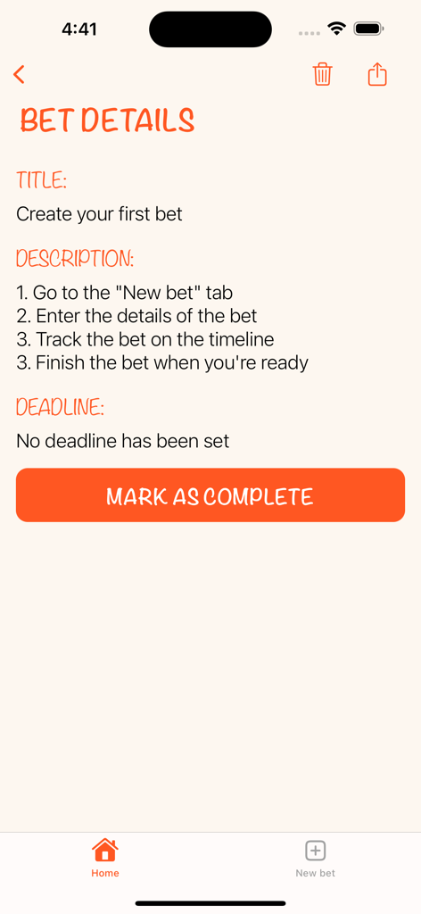 Dispute Diary - La pantalla de Detalles de la Apuesta de la aplicación Diario de Disputas mostrando instrucciones para crear y rastrear una nueva apuesta con un botón naranja etiquetado Marcar como Completado.