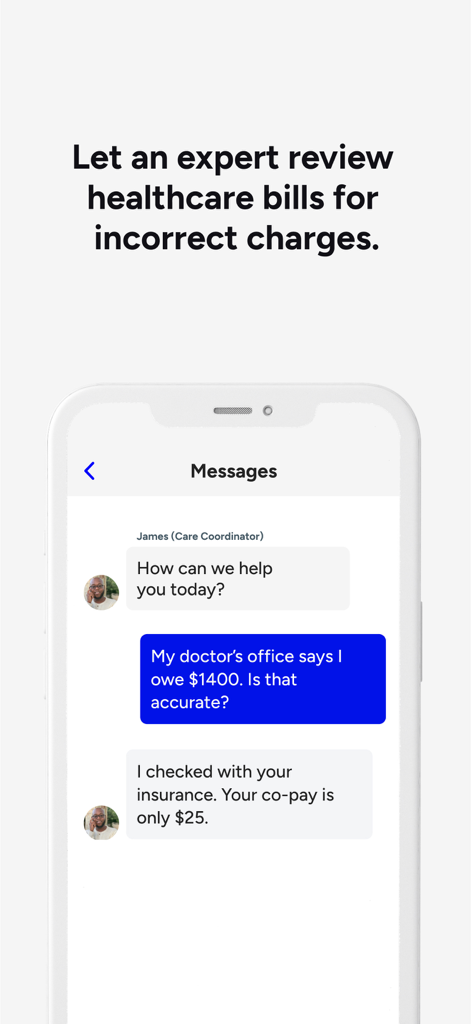 A chat interface in the Included Health app showing a care coordinator resolving an incorrect medical charge