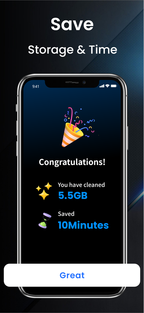 Easy Cleaner app success screen showing 5.5GB of storage cleaned and 10 minutes saved on an iPhone