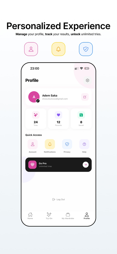 Pagina del profilo dell'app Prova che mostra le statistiche dell'utente e le opzioni di gestione dell'account