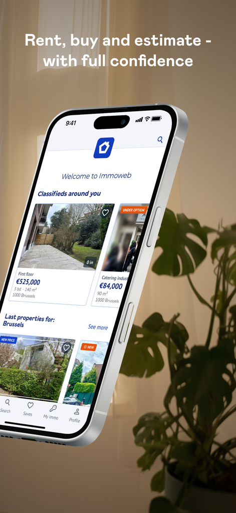 Immoweb mobile app on a smartphone displaying real estate listings in Brussels.