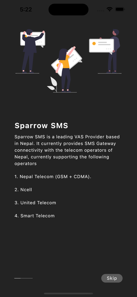 My Sparrow SMS - Introductory screen for My Sparrow SMS explaining its role as an SMS gateway provider in Nepal and listing supported telecom operators.