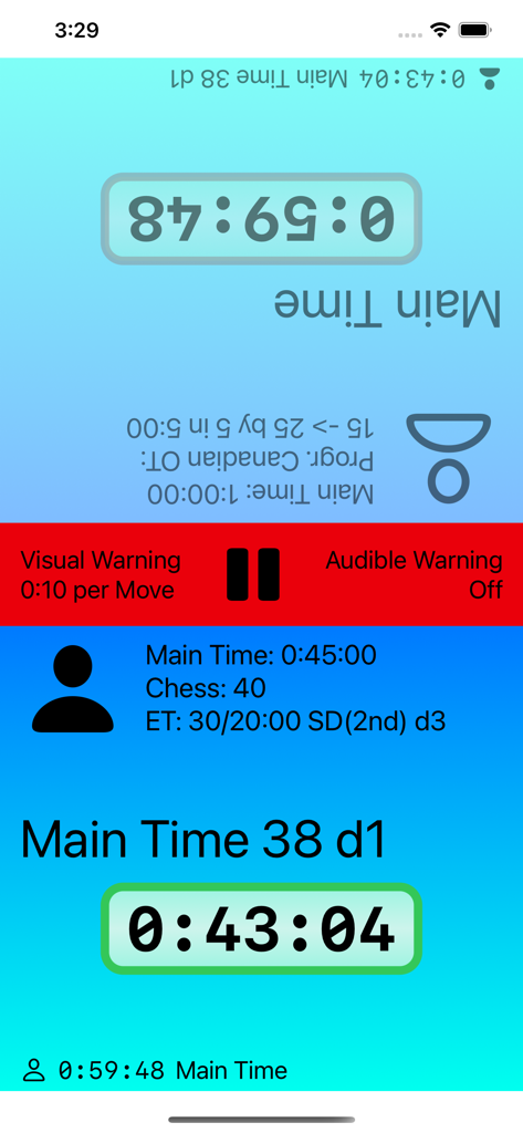 Game Clock (Chess, Go, Shogi) - Pantalla de cronómetro de cuenta regresiva doble para juegos de mesa con configuraciones de tiempo del jugador y botón de pausa.