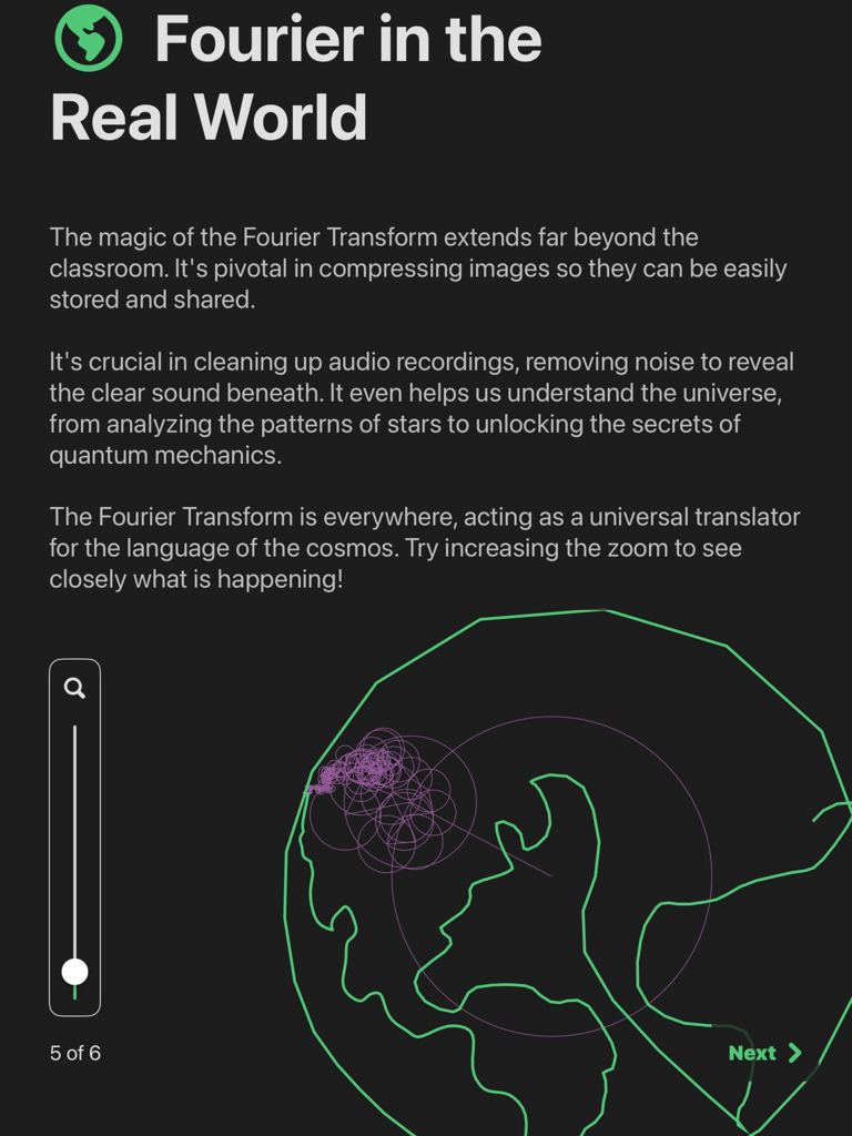 Waveform - Interactive educational screen in the Waveform app explaining real world applications of Fourier Transforms with a globe visualization