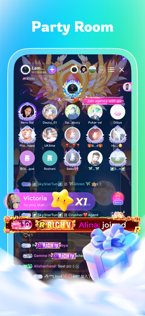 BoloUp app party room featuring group voice chat with digital gifts and user status icons