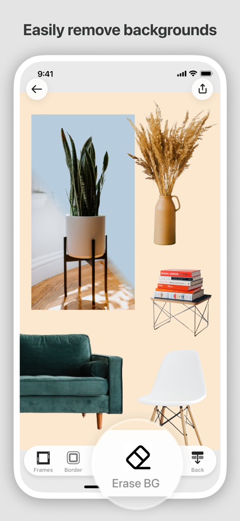 Moodboard - Photo Video Layout - Moodboard-App-Oberfläche, die das Hintergrundentfernungstool für Interior-Design-Layouts zeigt