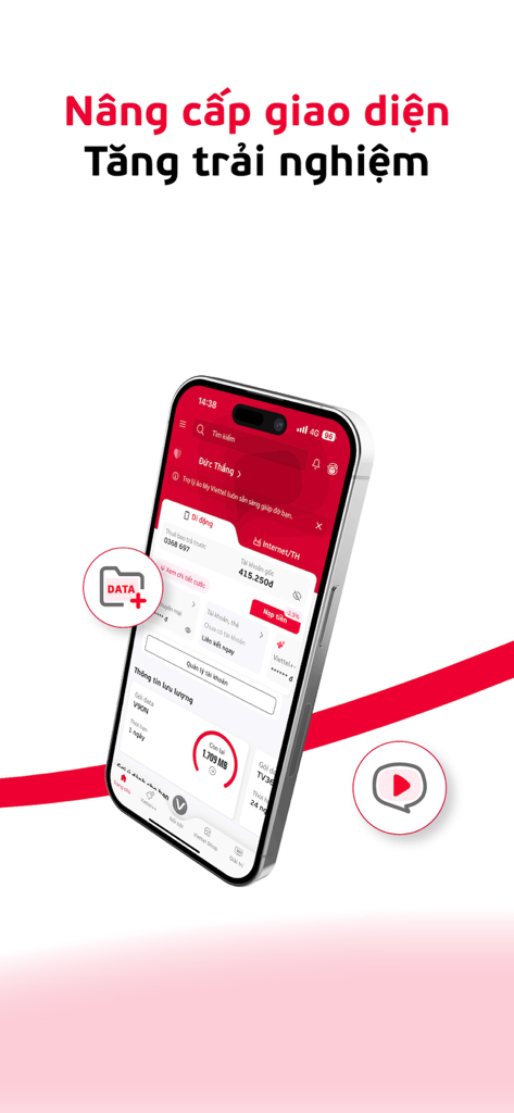 Smartphone affichant le tableau de bord de l'application My Viettel avec le solde du compte et les détails d'utilisation des données.