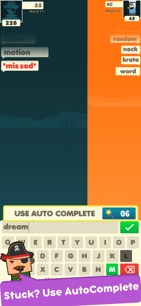 Word War - Word Battle Games - Uma captura de tela do jogo mobile Word War mostrando uma batalha de palavras competitiva e o recurso de autocompletar