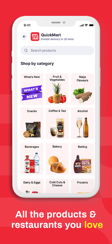 MANO food & products delivery - Interfaz de la aplicación MANO que muestra varias categorías de comestibles y alimentos para entrega rápida