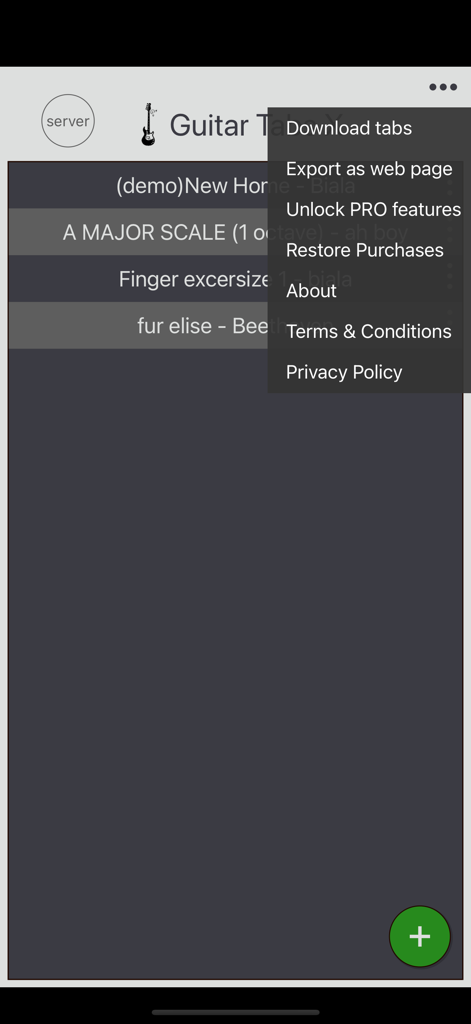 Screenshot of the Guitar Tabs X app showing a list of songs and an open settings menu with export and pro feature options.