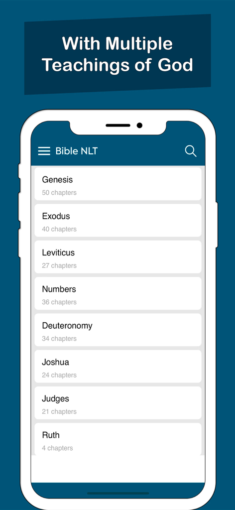 Mobile app interface showing a list of Old Testament books in the NLT Bible including Genesis and Exodus with chapter counts