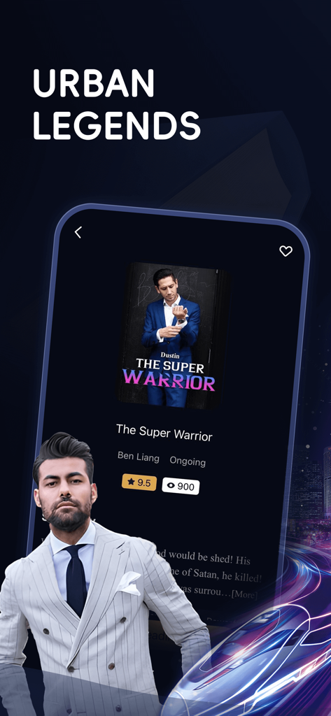 Novelsago - Novelsago app interface displaying an urban romance novel titled The Super Warrior featuring a man in a suit.