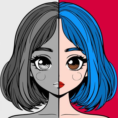 realistic girl split into 2 symeterical sides