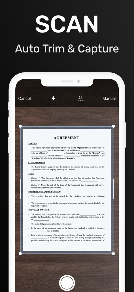 iPhone fax app interface showing the auto trim and capture document scanner feature with a paper agreement