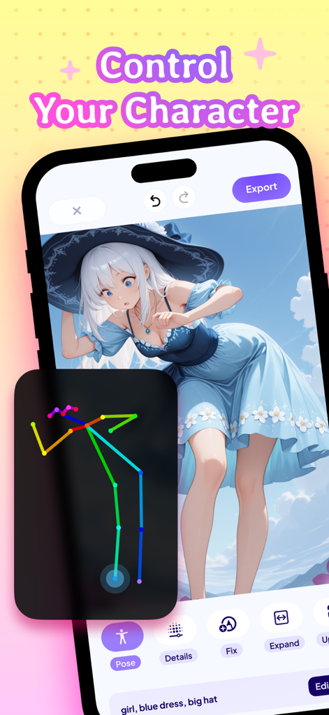 Interface of the Anime AI Art Generator app showing the character pose editor feature with a skeletal wireframe controller