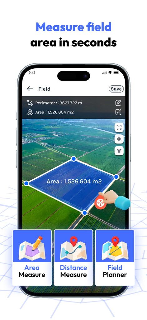 FieldCalc - GPS Area Measure - Aplicación FieldCalc midiendo área de terreno en un mapa satelital para agricultores y bienes raíces