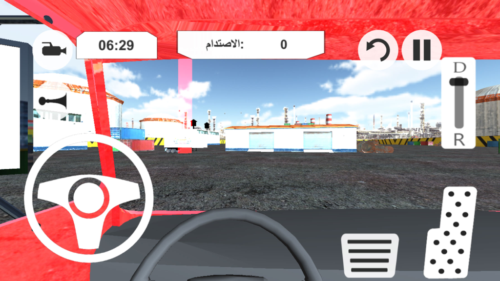 First-person cockpit view of a truck simulation game showing steering wheel and pedals