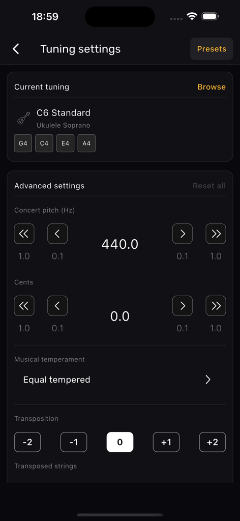 Advanced tuning settings screen of the Ukulele Tuner XTuner PRO app showing concert pitch, cents, and transposition options.