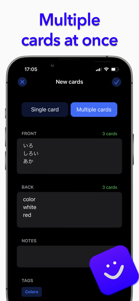Flash cards maker - Anki Mini - Captura de pantalla de la interfaz de creación de múltiples tarjetas en la aplicación Anki Mini que muestra tarjetas de estudio de japonés