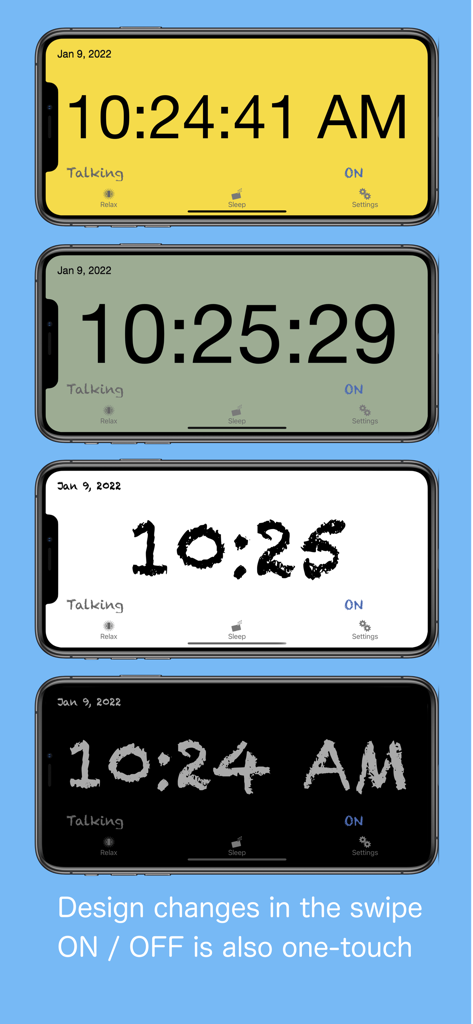VoiceClock - Talking - Four iPhone screens showing different clock background colors and font styles for the VoiceClock app