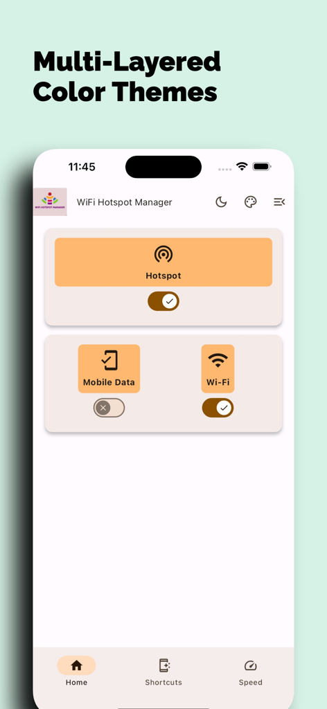 WiFi Hotspot Manager - Interfaz de la aplicación Gestor de Hotspots WiFi que muestra interruptores de conexión y temas de color de múltiples capas.