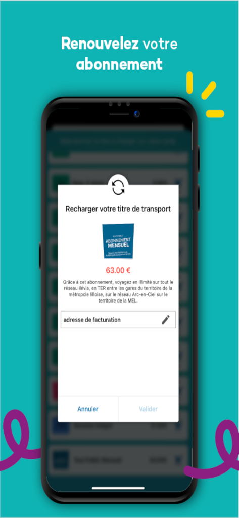 Pass Pass Easy Card - Interface de l'application Pass Pass Easy Card montrant le renouvellement d'un abonnement de transport mensuel pour le réseau ilévia