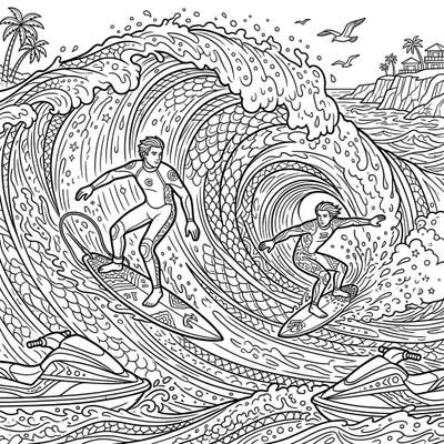 Experience the exhilarating power of the ocean with this dynamic Big Wave Surfers coloring page. Designed for adults, its intricate details and thrilling scene offer a challenging yet rewarding artistic escape.