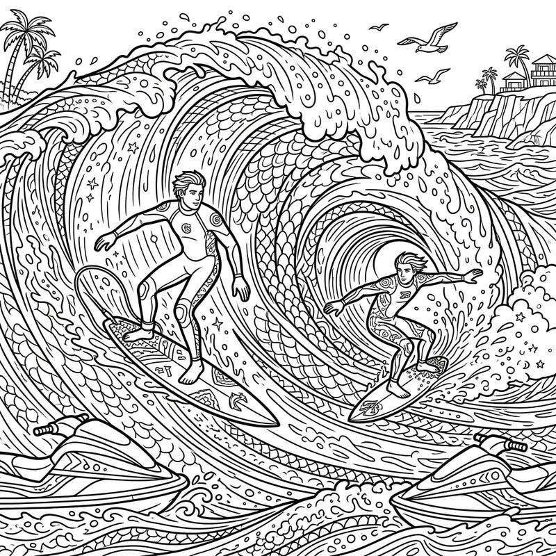 Experience the exhilarating power of the ocean with this dynamic Big Wave Surfers coloring page. Designed for adults, its intricate details and thrilling scene offer a challenging yet rewarding artistic escape.