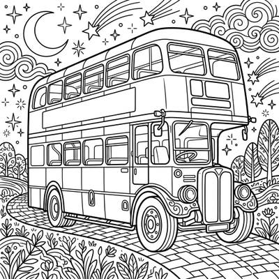 Relive the charm of classic transport with this enchanting vintage bus coloring page, set against a magical night sky. Perfect for a relaxing and creative coloring session.