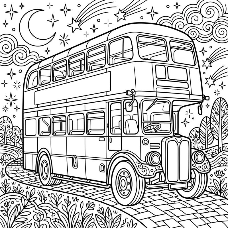 Relive the charm of classic transport with this enchanting vintage bus coloring page, set against a magical night sky. Perfect for a relaxing and creative coloring session.