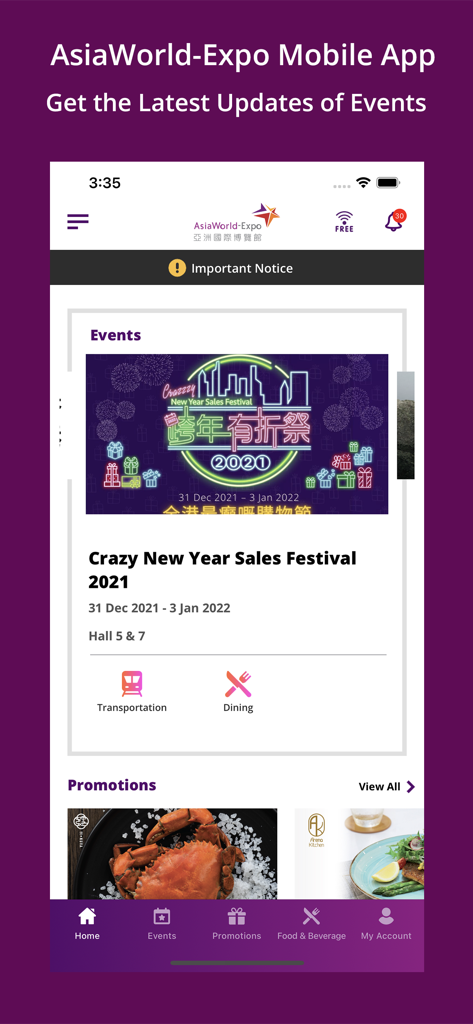 AsiaWorld-Expo - Interfaz de la aplicación móvil AsiaWorld-Expo que muestra detalles de eventos, guías de transporte y promociones de comida